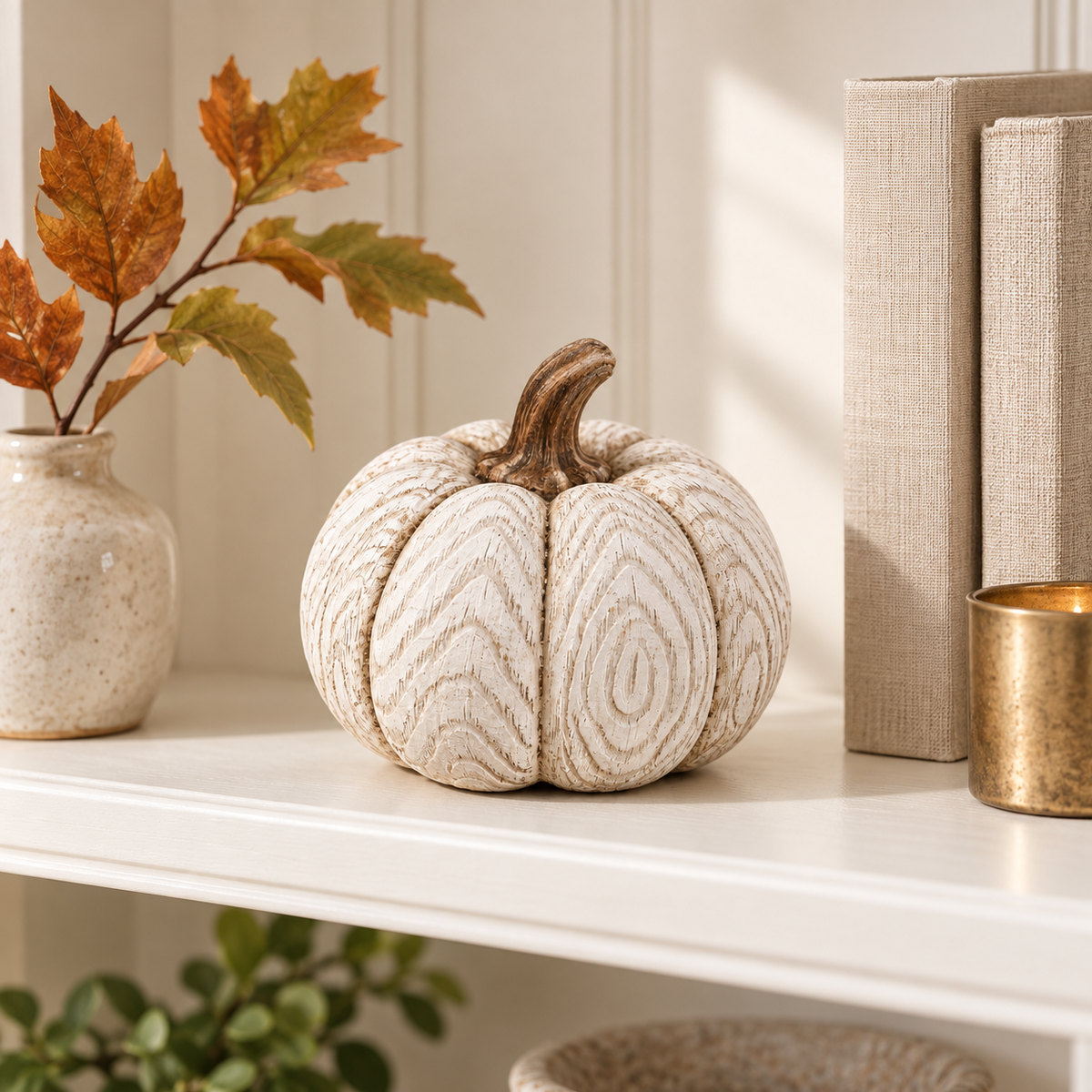 Betty Boop whitewashed pumpkin displayed on an elegant fall bookshelf