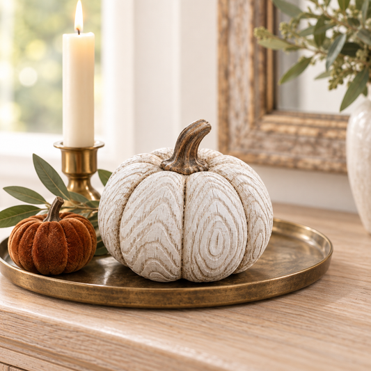 Betty Boop whitewashed pumpkin styled on an antique brass tray for fall