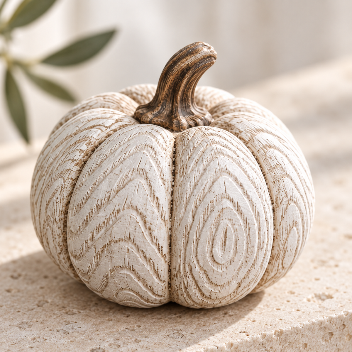 Close-up of Betty Boop pumpkin whitewashed wood grain texture and brown stem