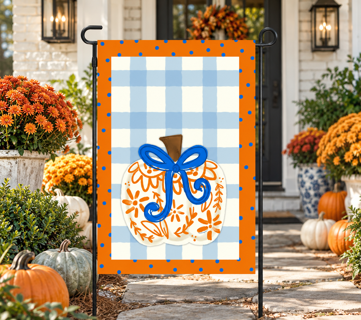 White Chinoiserie Pumpkin Bow Garden Flag