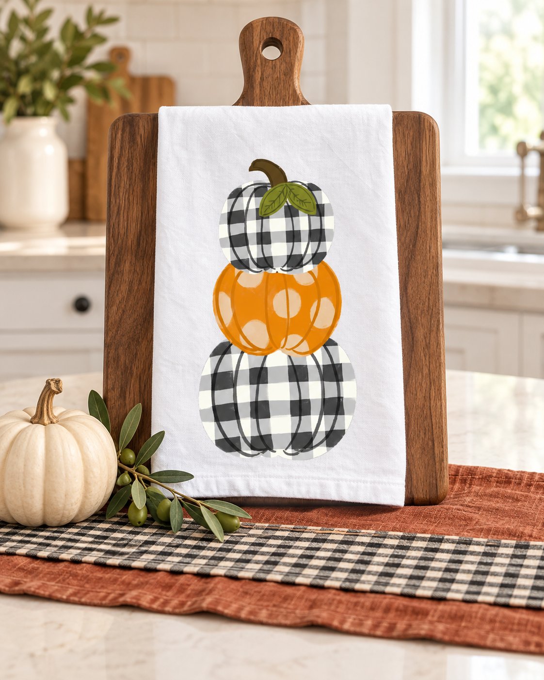 Buffalo Plaid and Polka Dot Pumpkin Tea Towel by Doodles By Rebekah