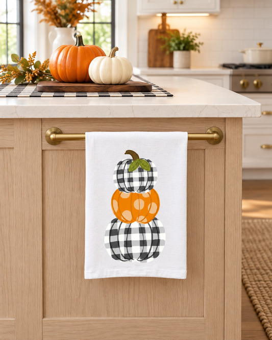 Buffalo Plaid and Polka Dot Pumpkin Tea Towel by Doodles By Rebekah