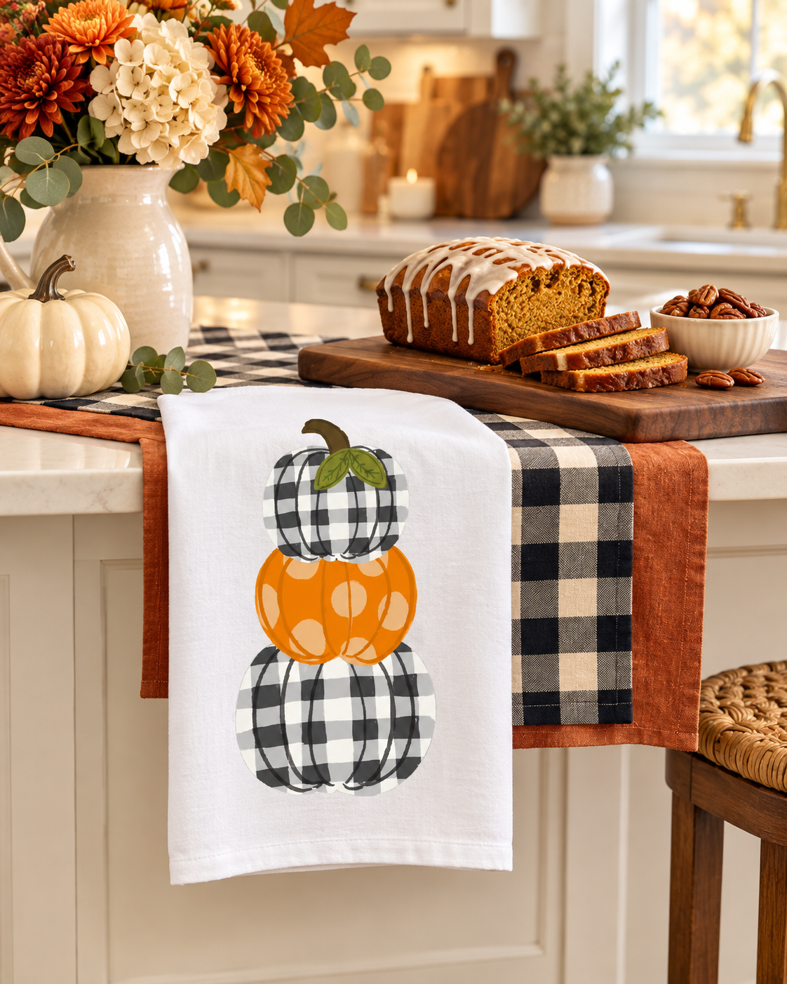 Buffalo Plaid and Polka Dot Pumpkin Tea Towel by Doodles By Rebekah