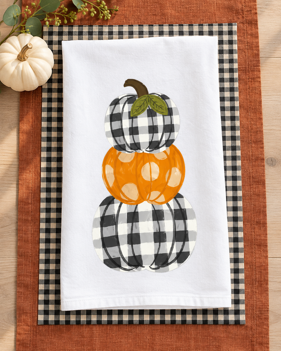 Buffalo Plaid and Polka Dot Pumpkin Tea Towel by Doodles By Rebekah
