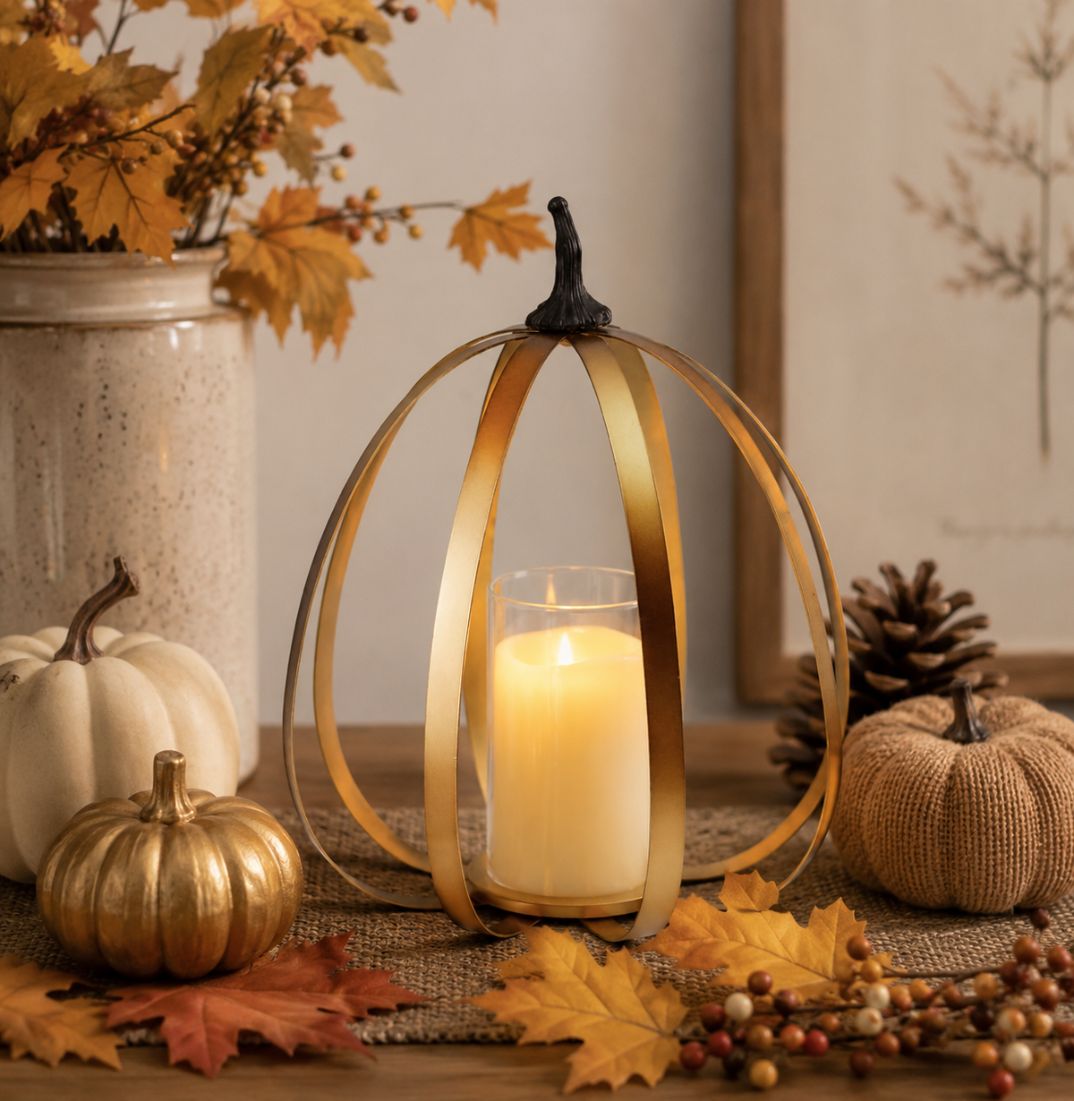 Gold Metal Pumpkin with Timer Candle by Buckeye Craft Co.