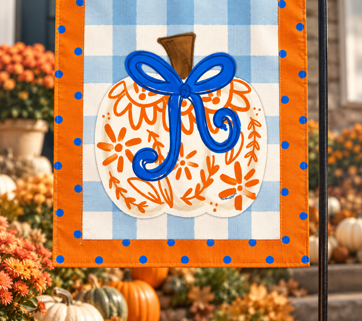 White Chinoiserie Pumpkin Bow Garden Flag