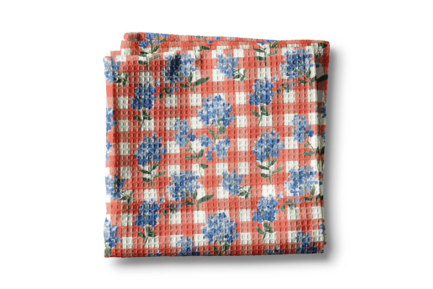 Blue Hydrangeas & Red Plaid Kitchen Towel Waffle