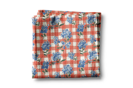 Blue Hydrangeas & Red Plaid Kitchen Towel Waffle