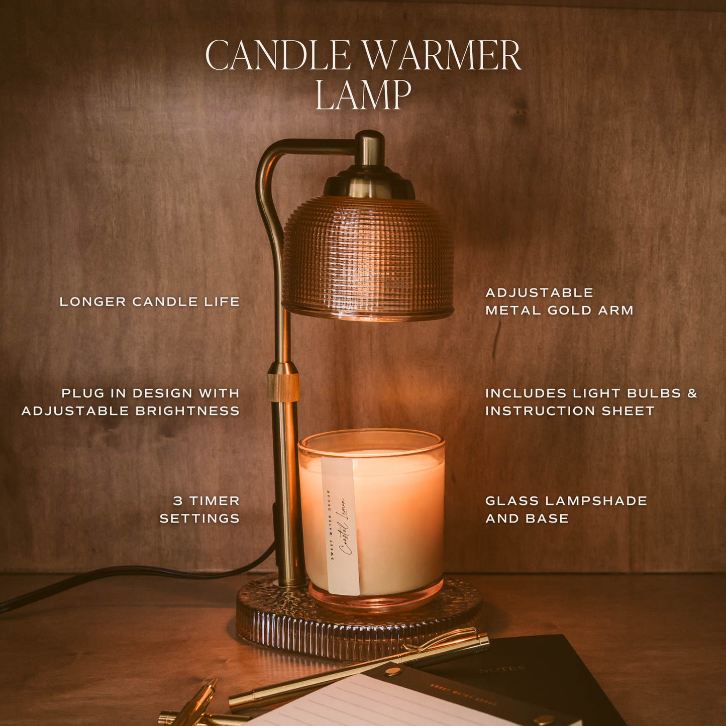 Natural Glass w/Gold Arm Candle Lamp Warmer
