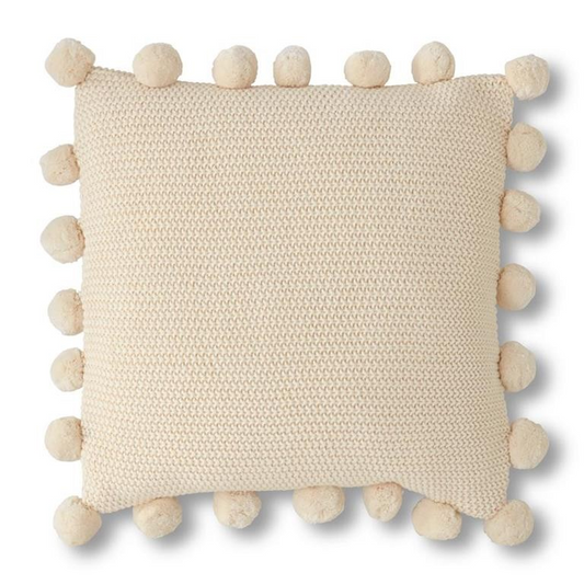 Cream Moss Stitch Knit Pillow w/Pompom Trim