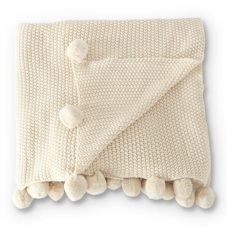 60in Cream Moss Stitch Knit Throw Blanket w/Pompom Trim