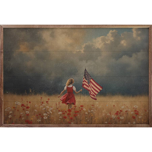 Girl Carrying Flag Through Storm