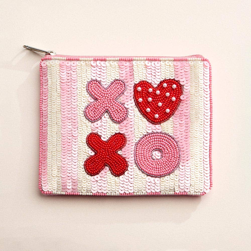XOXO Message Striped Seed Beaded Mini Pouch Bag