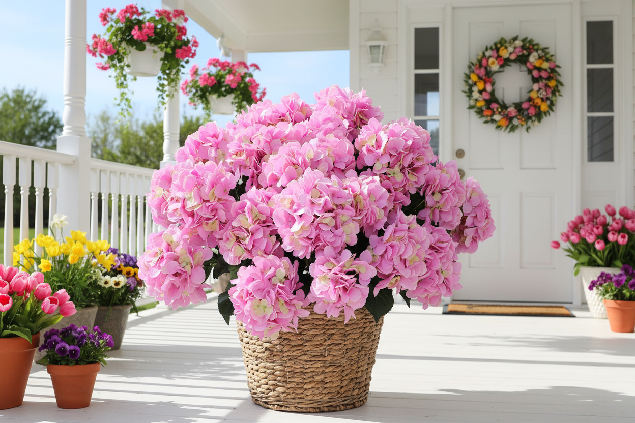 UV Resistant Pink Hydrangea Bush With 7 Silk Flowers & Foliage