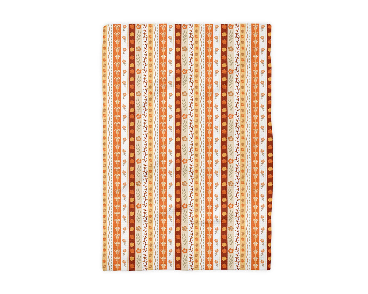 Fall Floral Stripe Blue Pumpkin Coastal Kitchen Towel Waffle
