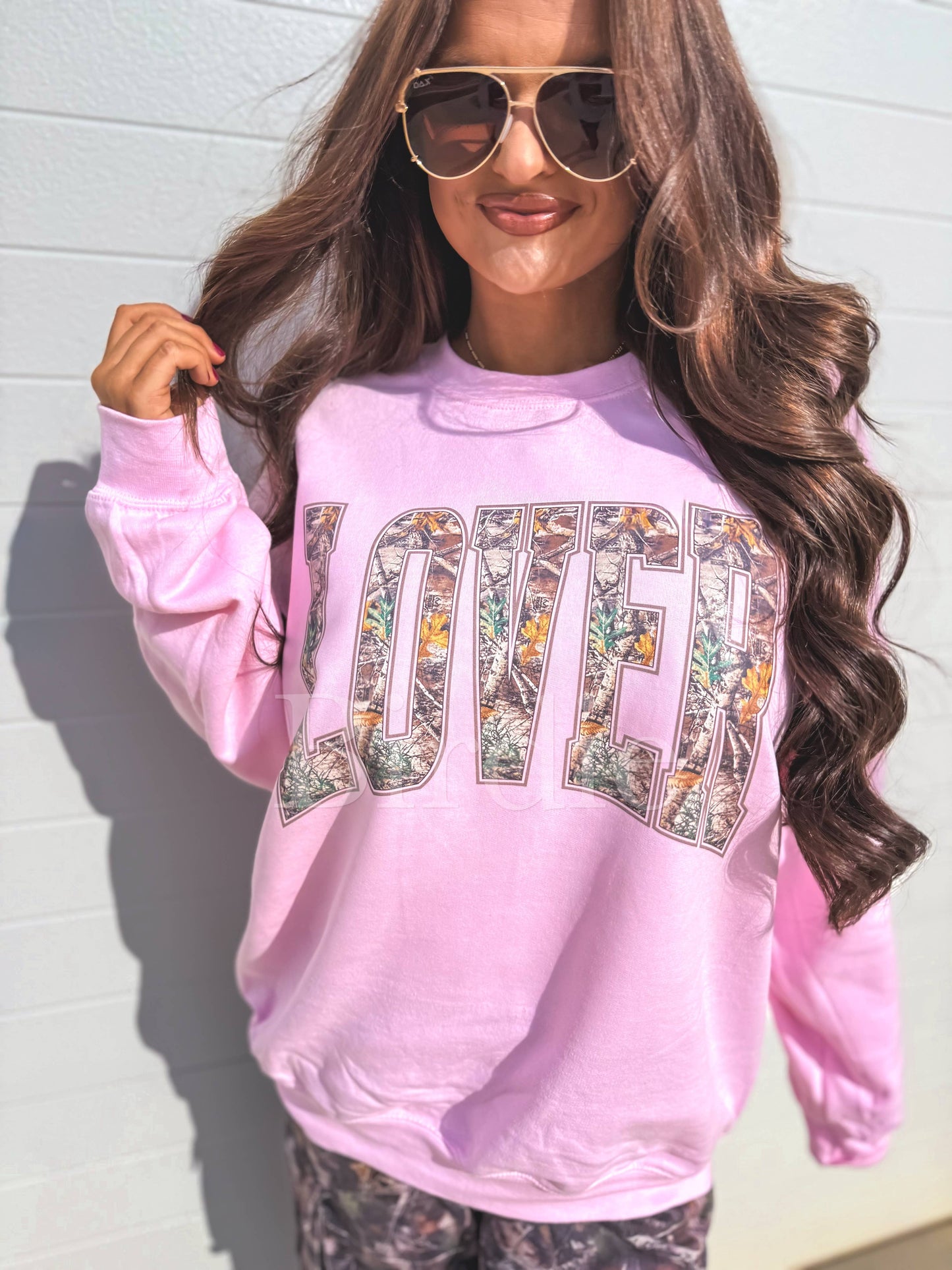 "Lover" Lt Pink Camo Graphic Crewneck