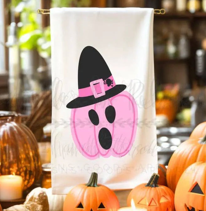 Pink Jackolantern Tea Towel by Doodles By Rebekah