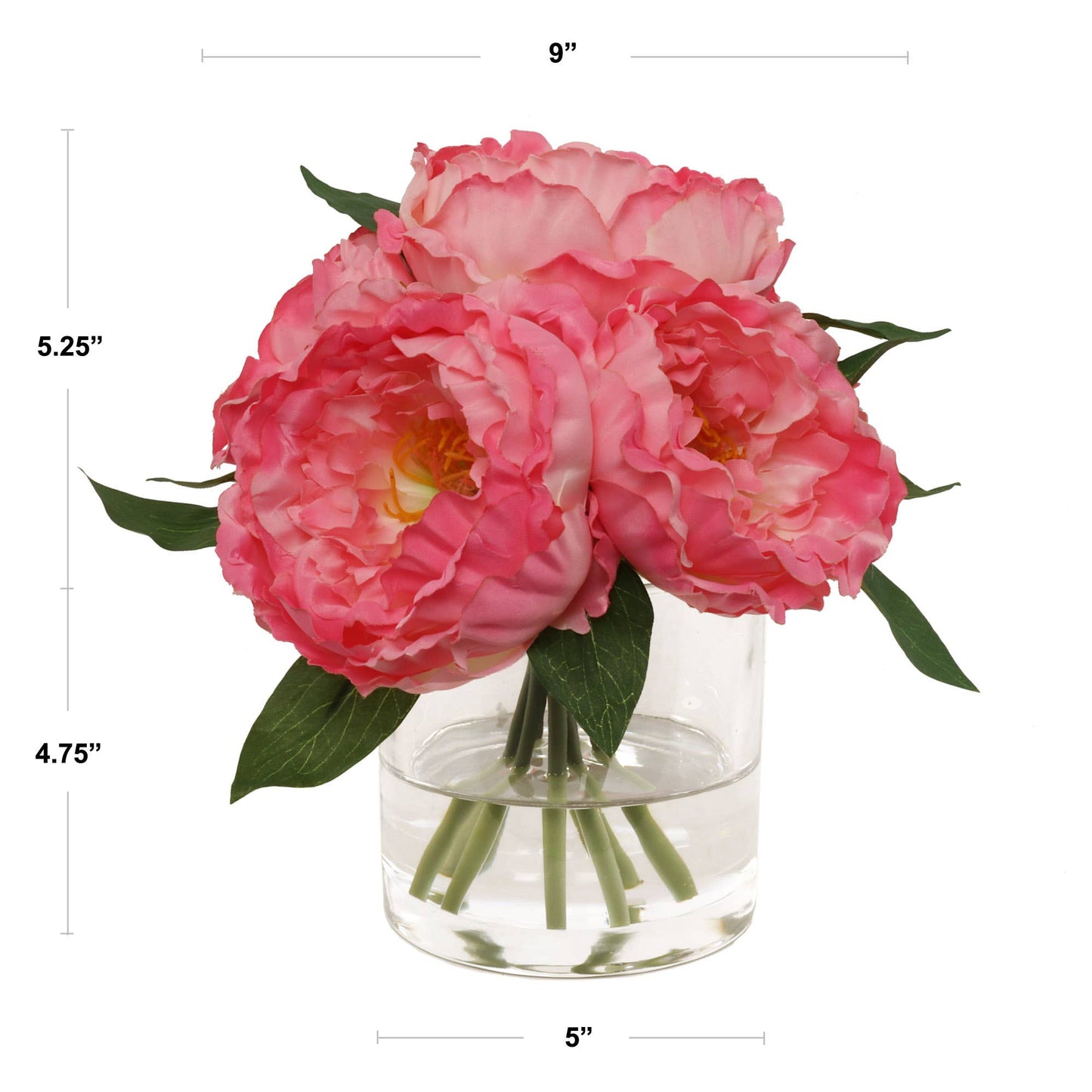 Pink Peony Arrangement W/ 7 Fronds In Glass Vase Faux Flower
