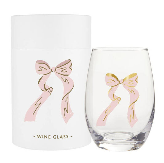 Pink Bow Stemless Wine Glass