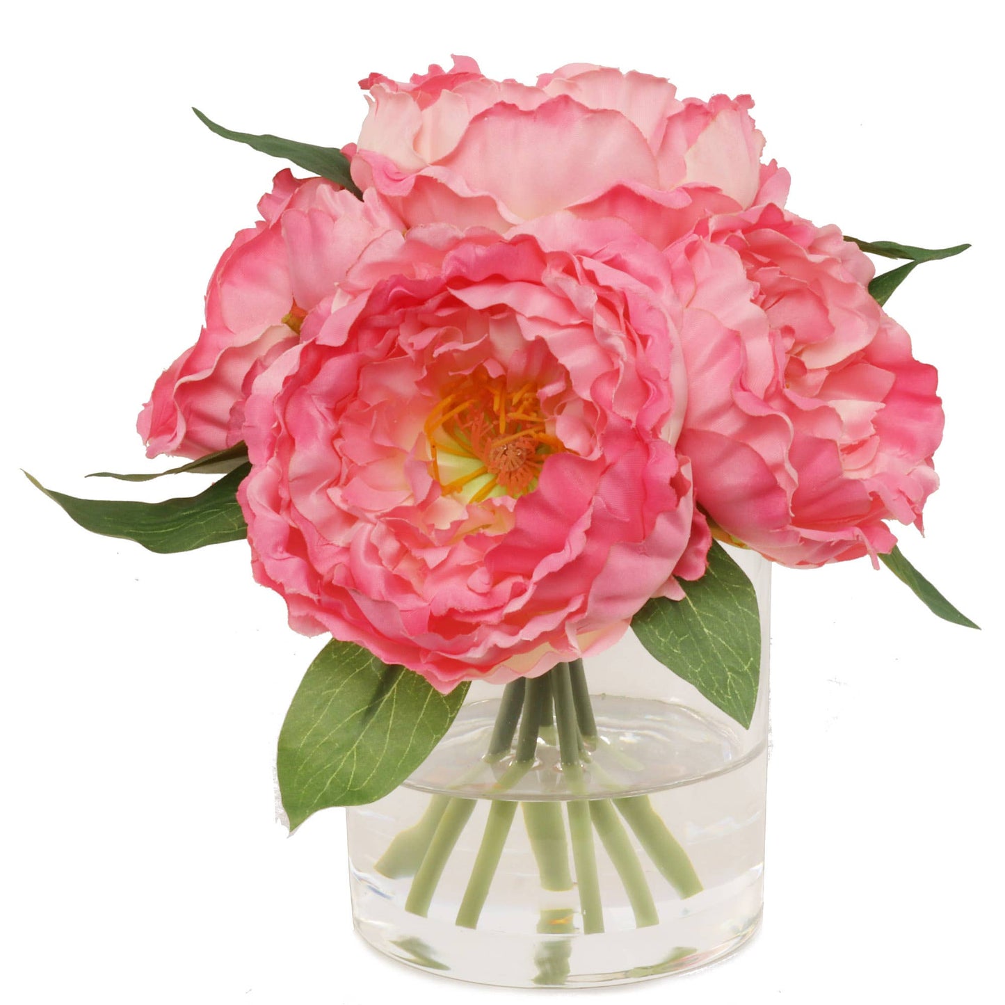 Pink Peony Arrangement W/ 7 Fronds In Glass Vase Faux Flower