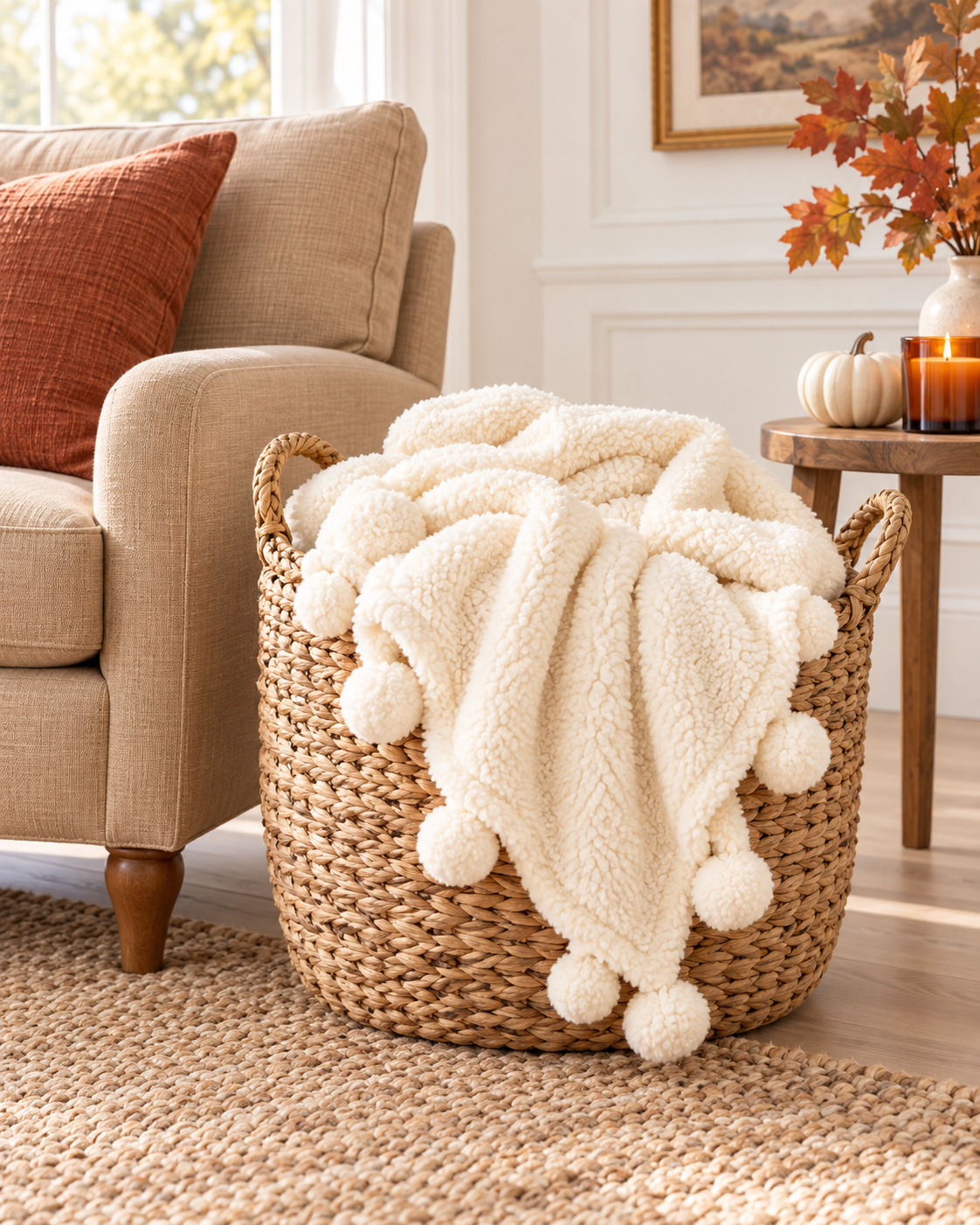 Ivory Dreamy Sherpa Throw With Pompoms by Audrey's