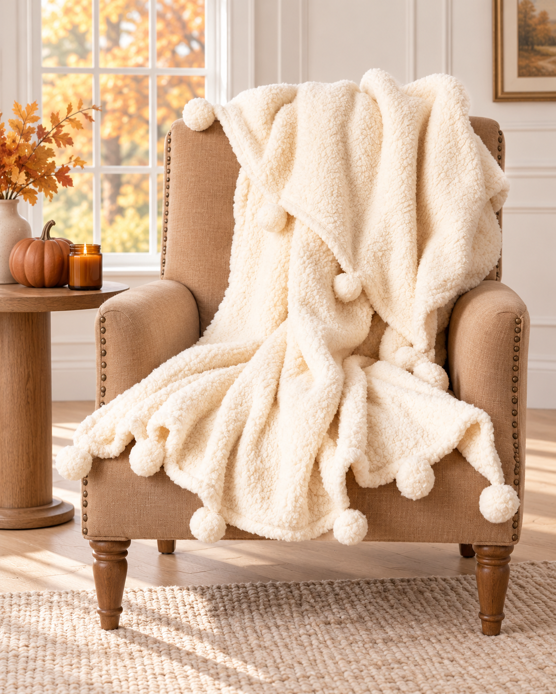 Ivory Dreamy Sherpa Throw With Pompoms by Audrey's