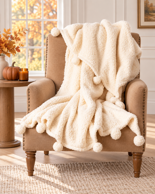 Ivory Dreamy Sherpa Throw with pompoms styled on a camel accent chair for fall