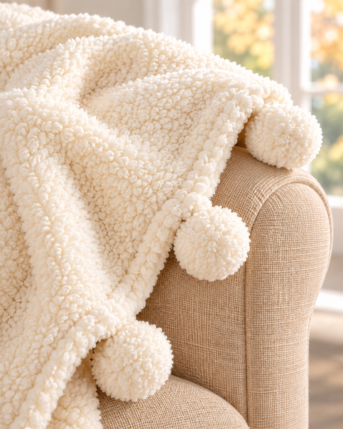 Ivory Dreamy Sherpa Throw With Pompoms by Audrey's