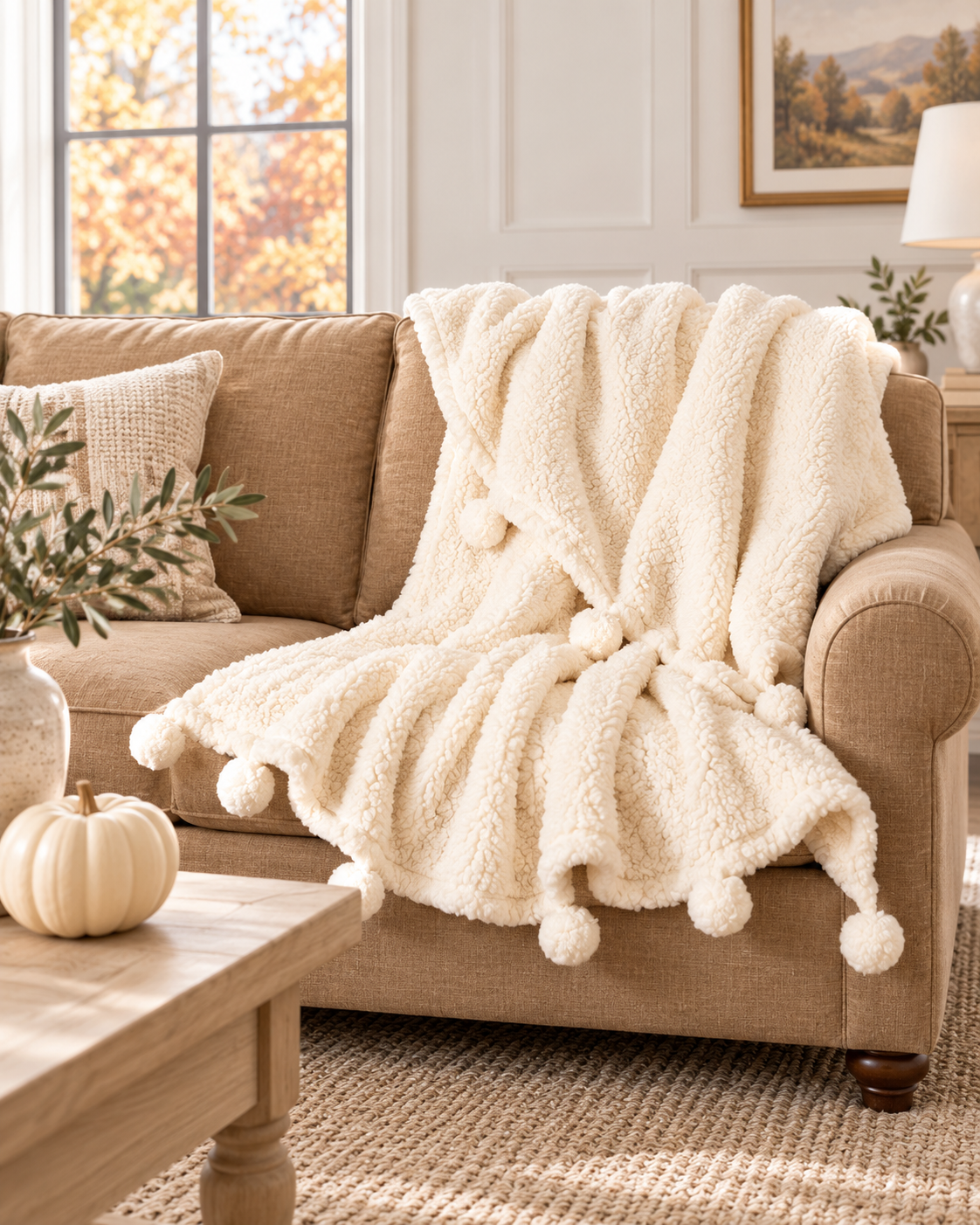 Ivory Dreamy Sherpa Throw With Pompoms by Audrey's