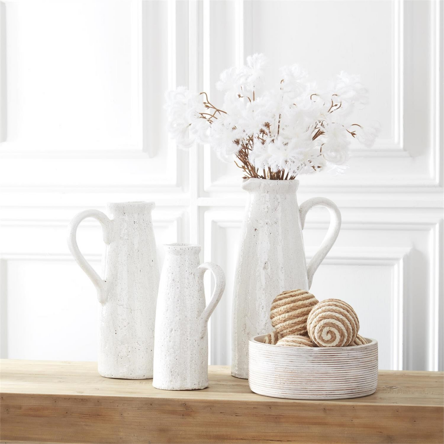 Ribbed Whitewashed Mango Wood Bowls w/White Enamel Centers