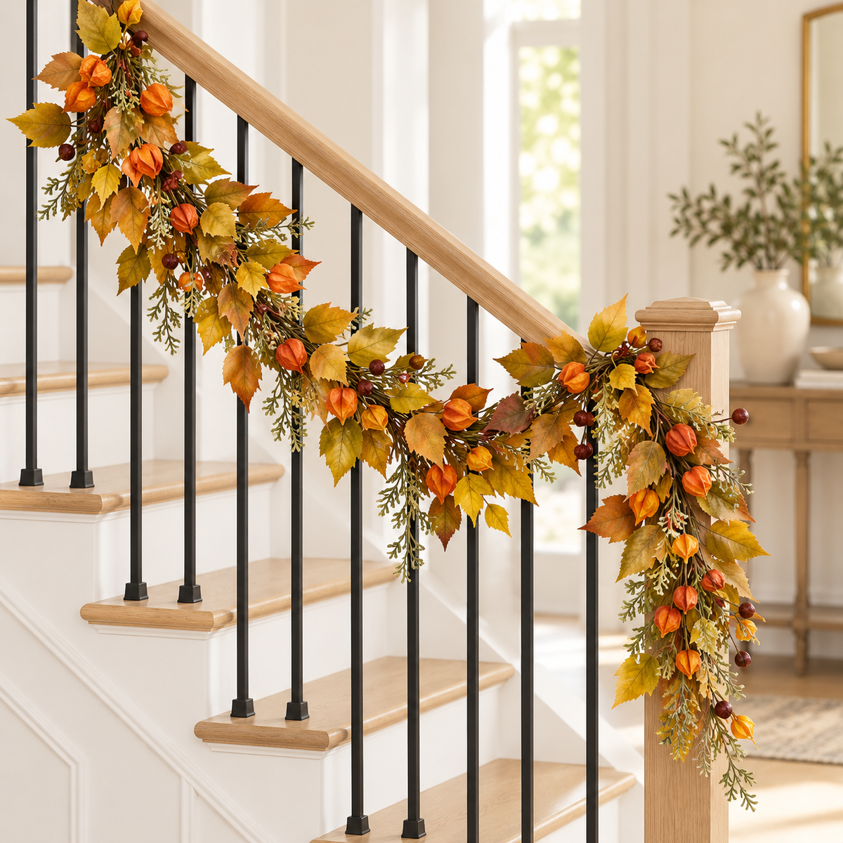 Maple Meadow autumn leaf garland draped on an indoor staircase railing
