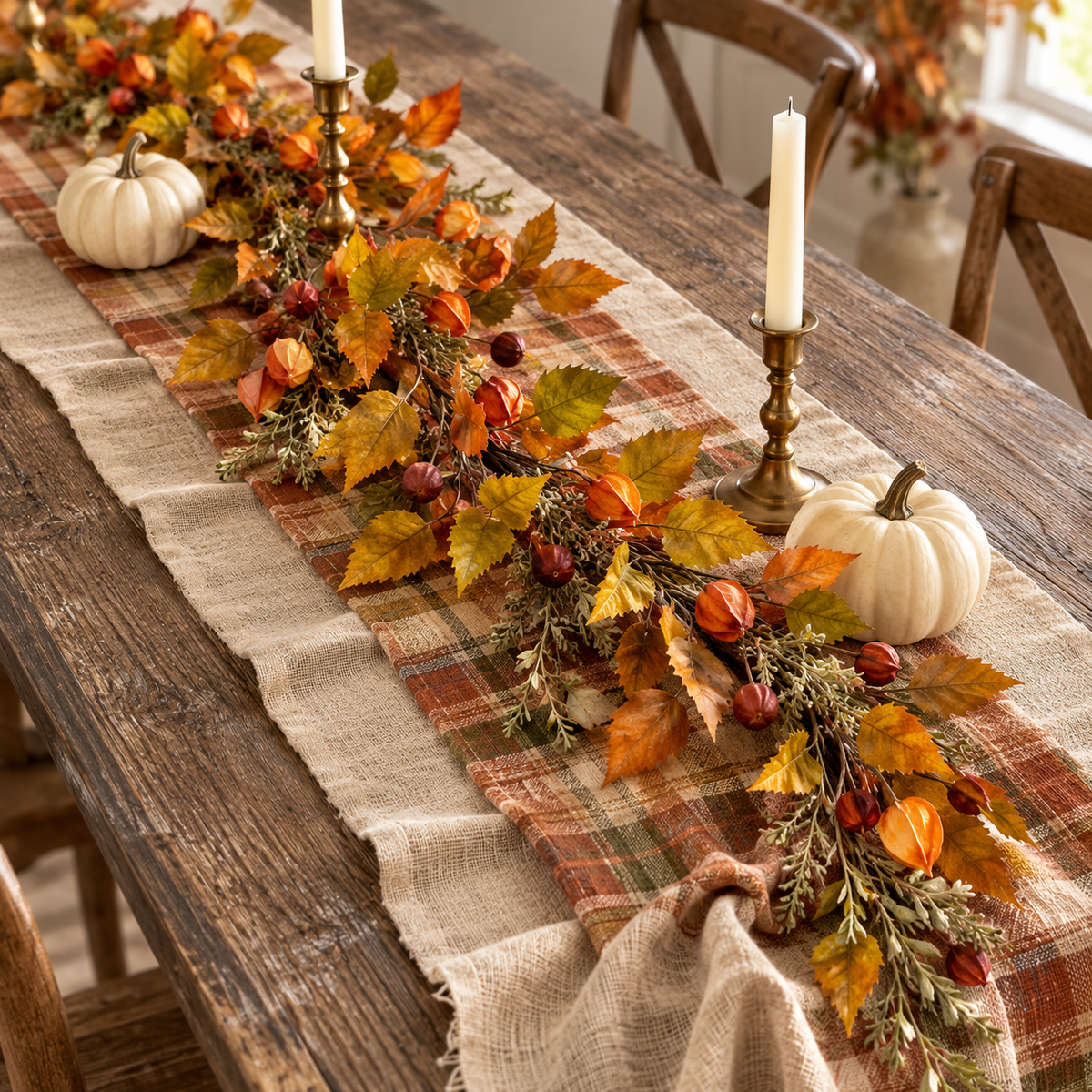 Maple Meadow fall garland styled over plaid and beige linen runners on a rustic wood table