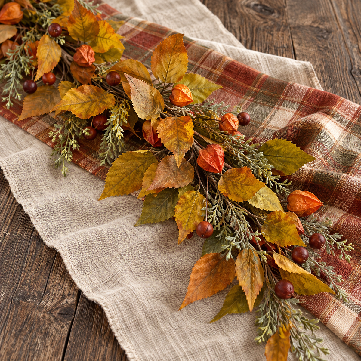 Close-up of Maple Meadow fall garland foliage on layered plaid and beige linen runners