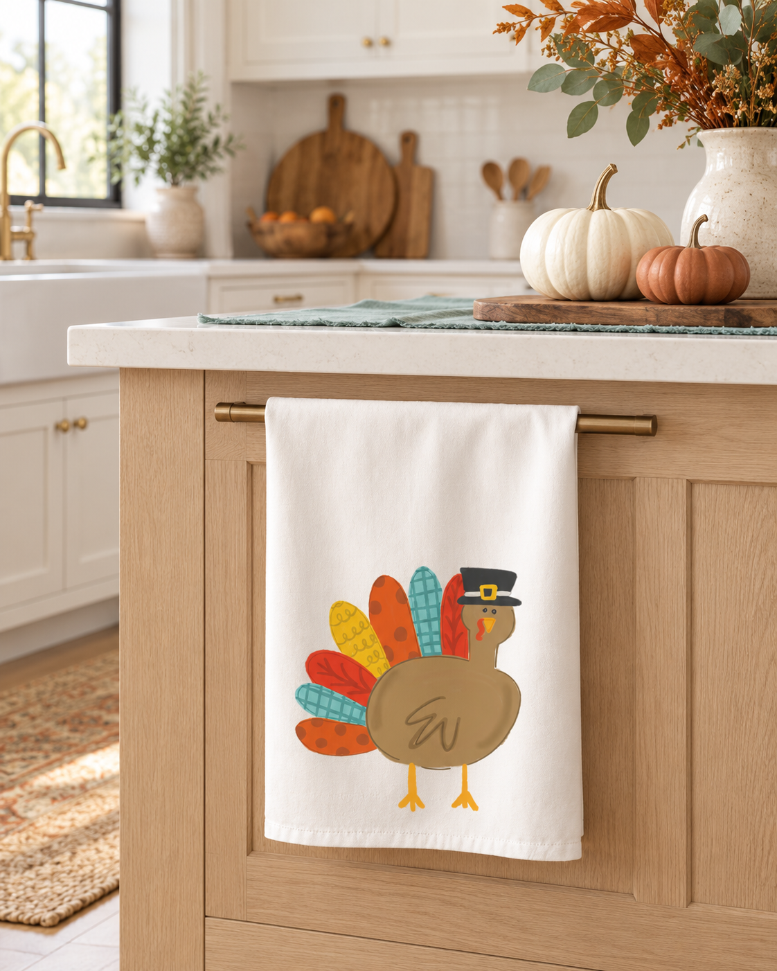 Patchy the Turkey Tea Towel displayed on a light wood kitchen island