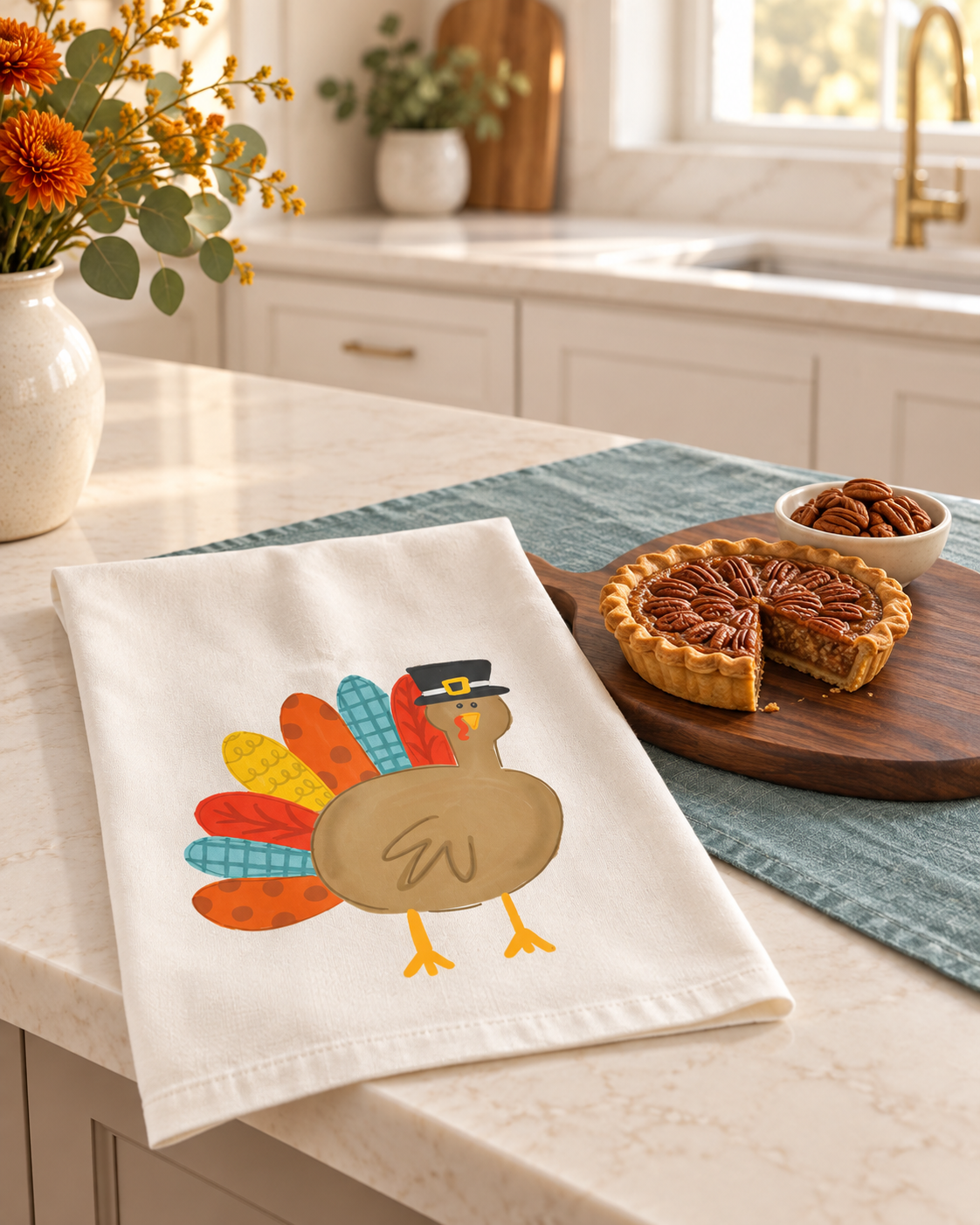 Patchy the Turkey Tea Towel styled with pecan pie in a Thanksgiving kitchen