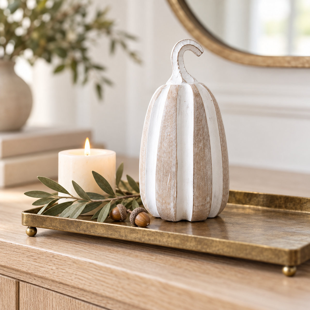 Pippin tall whitewashed pumpkin styled on an antique brass fall tray