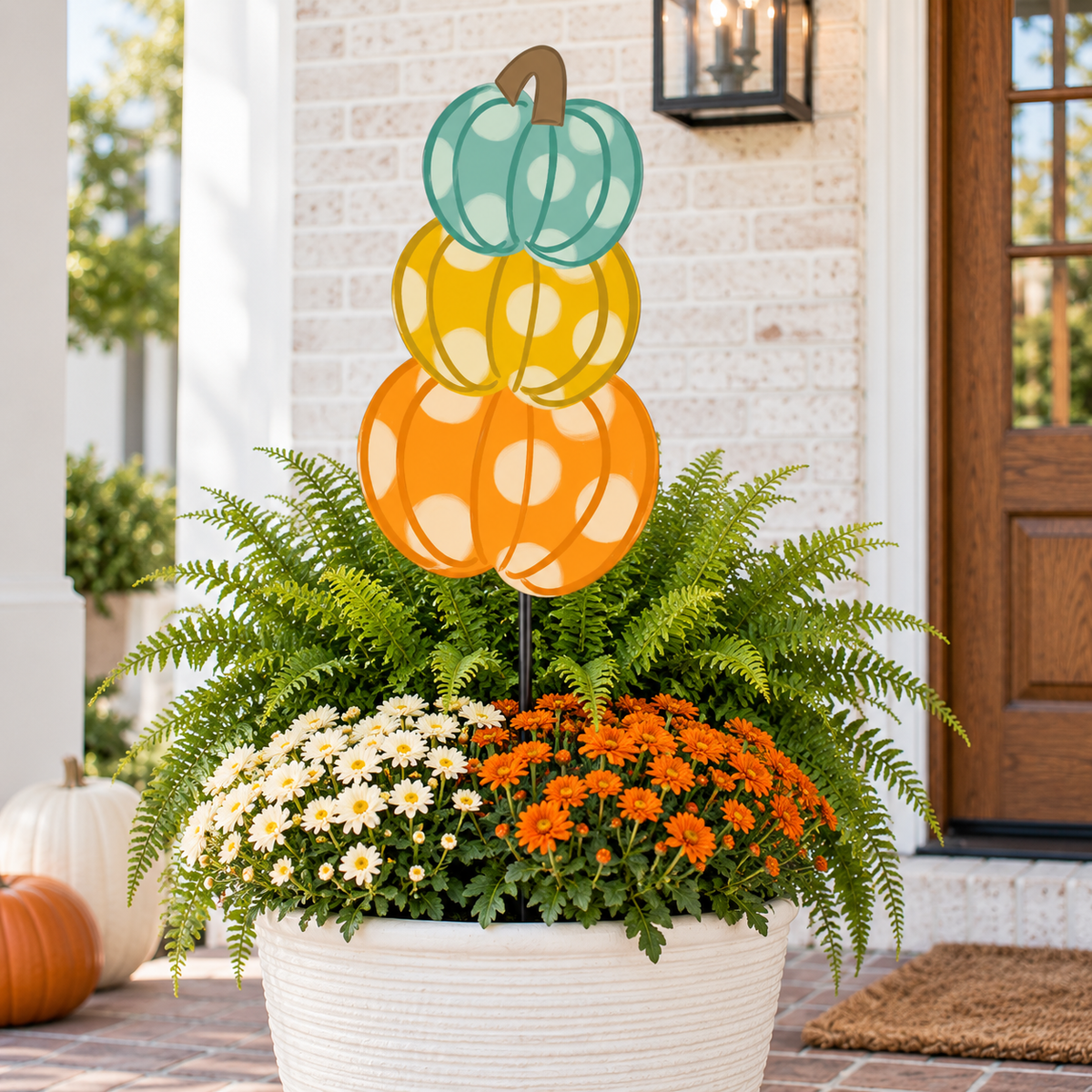Three whimsical patterned pumpkin plant stake in a potted fall planter
