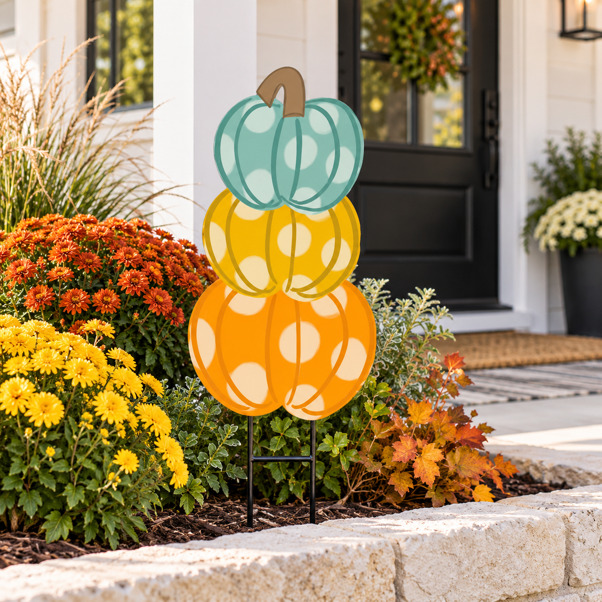 Pumpkin stack plant stake among autumn garden flowers