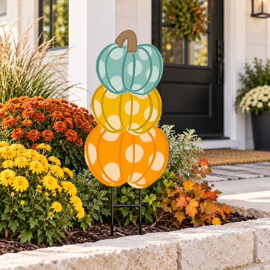 Pumpkin stack plant stake among autumn garden flowers