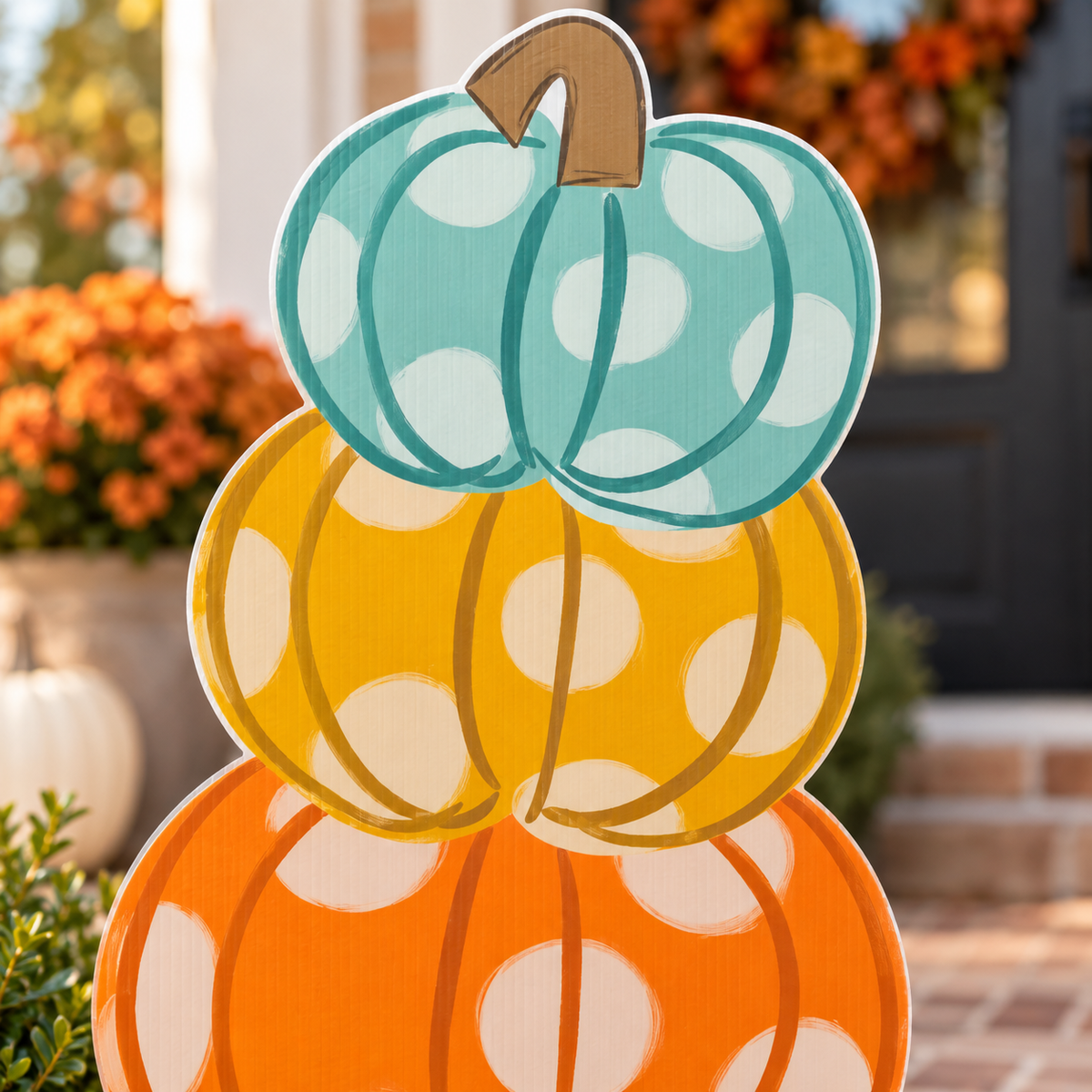 Close-up of teal, yellow and orange patterned pumpkin stake artwork