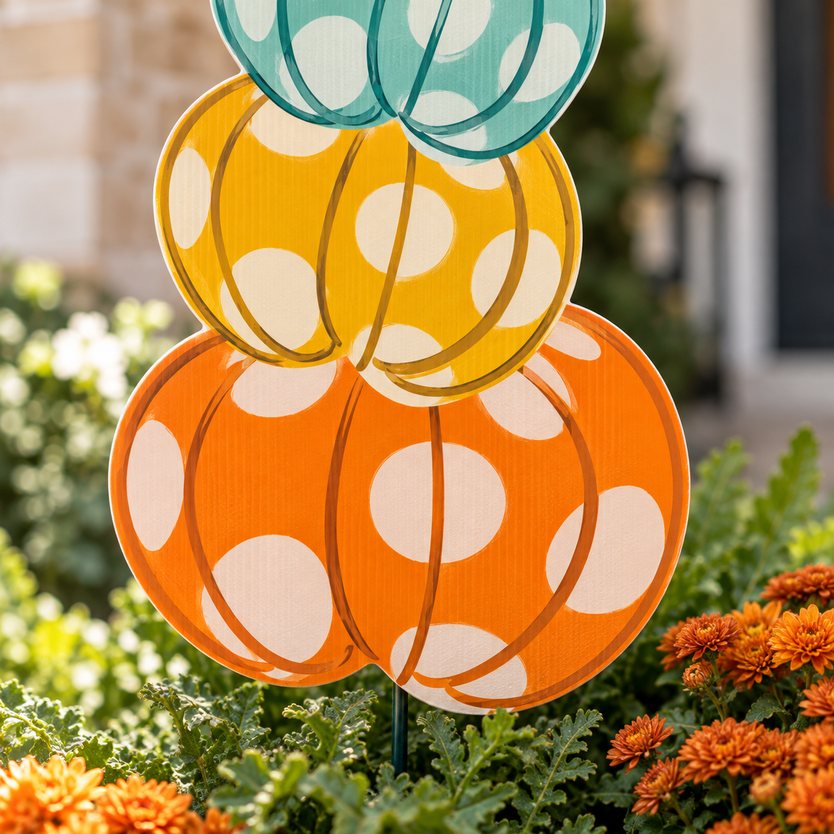 Detail of patterned pumpkin plant stake in fall flowers