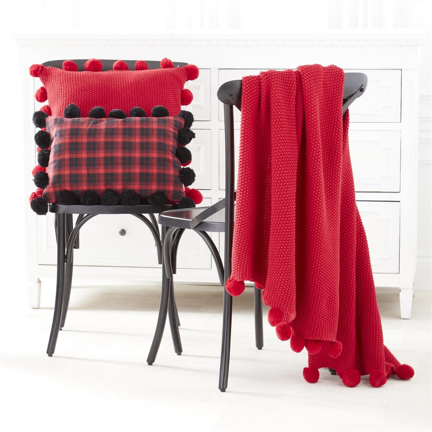 60in Red Moss Stitch Knit Throw Blanket w/Pompom Trim