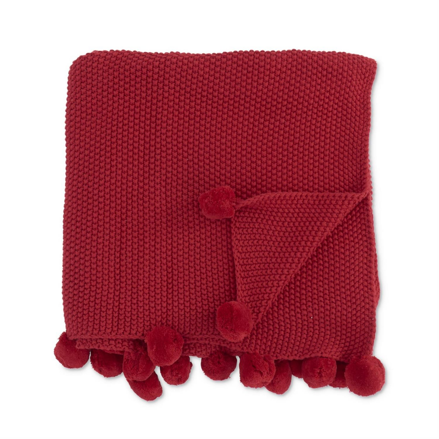 60in Red Moss Stitch Knit Throw Blanket w/Pompom Trim