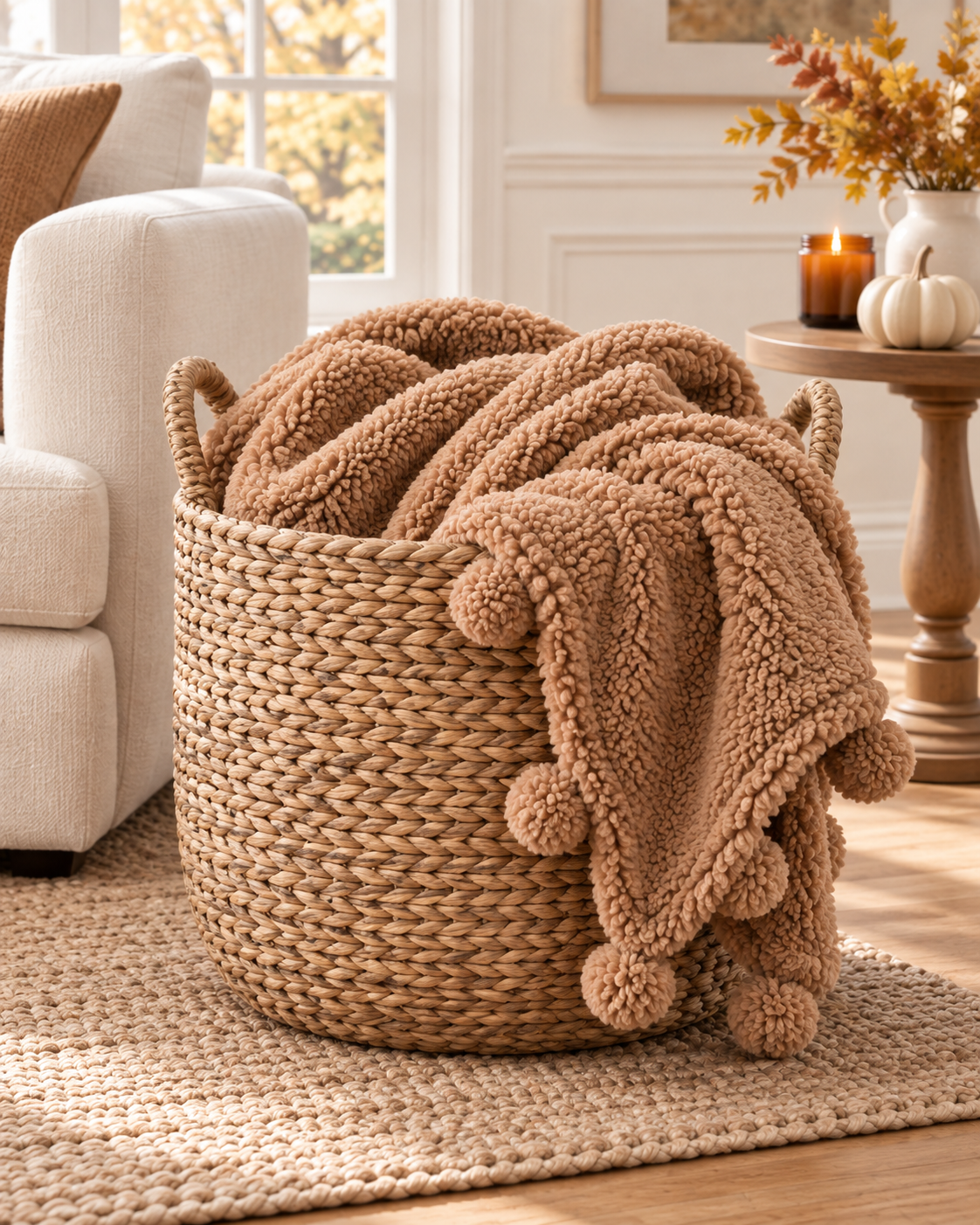 Dreamy Sherpa Throw With Pompoms - Taupe by Audrey's