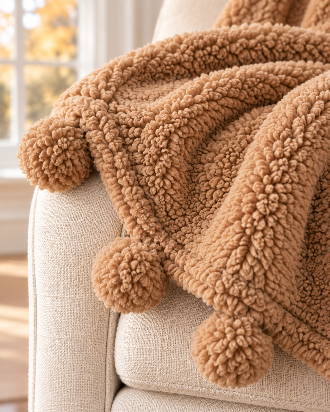 Dreamy Sherpa Throw With Pompoms - Taupe by Audrey's