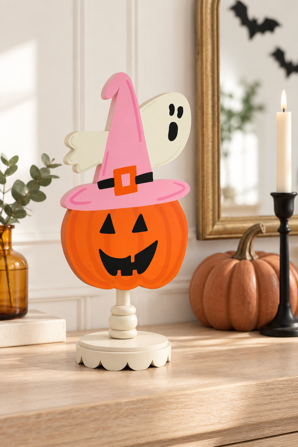 Witchy Pumpkin interchangeable topper displayed with modern farmhouse Halloween decor