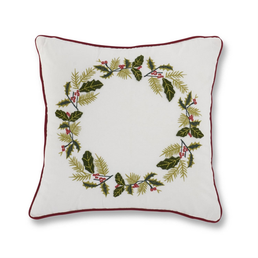 Square Embroidered Holly Wreath White Cotton Pillow