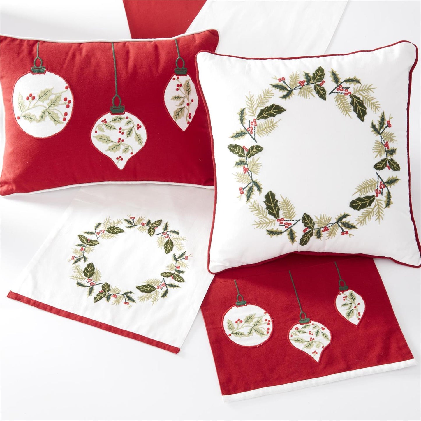 Square Embroidered Holly Wreath White Cotton Pillow